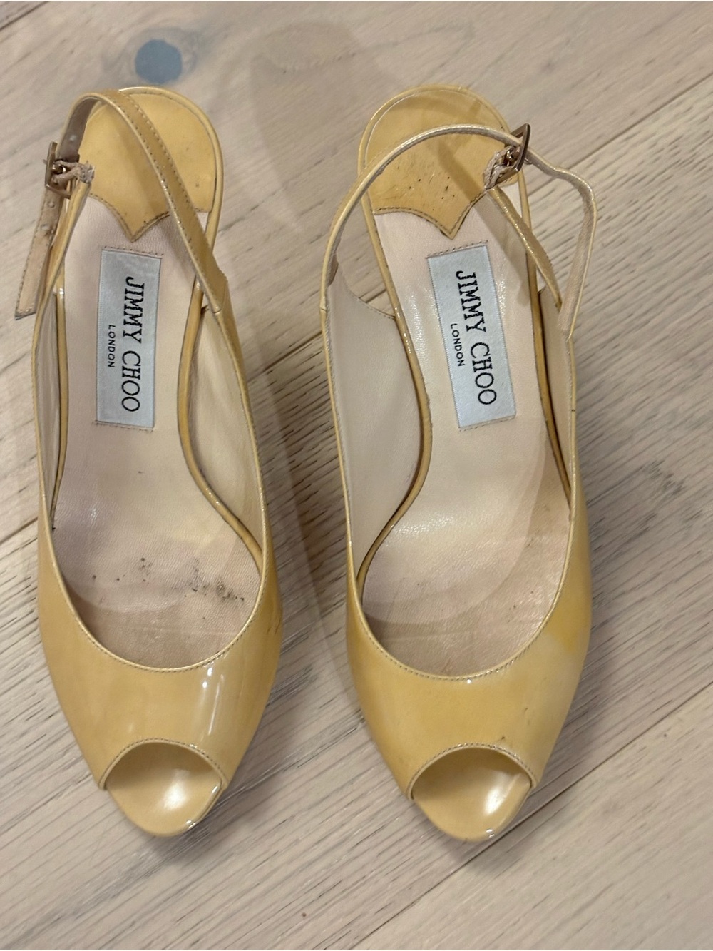 Jimmy Choo Nude Patent Leather Peep-Toe Slingback Heels